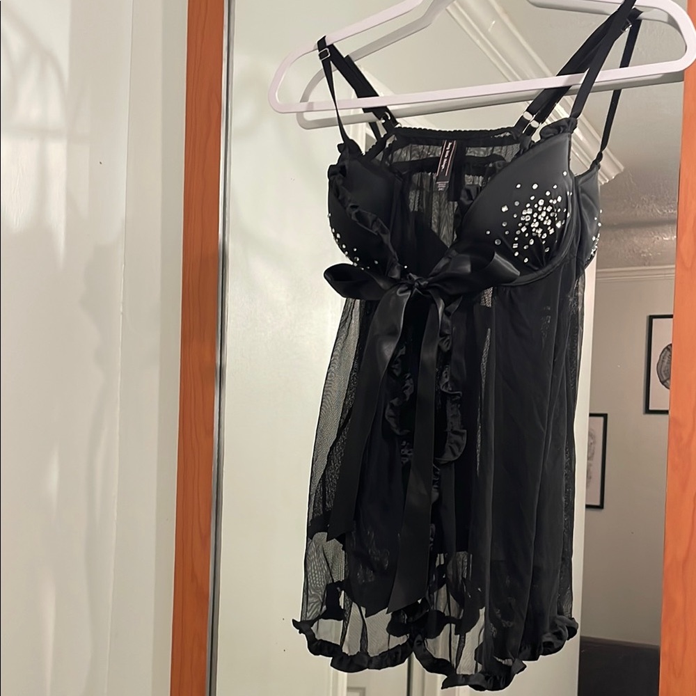 Victoria's Secret Babydoll Slip 34C Black Mesh Rhinestone Bling Padded Cupped